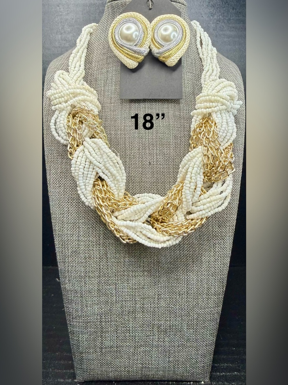 Gold and Cream Braided Beaded Statement Necklace - 18"
